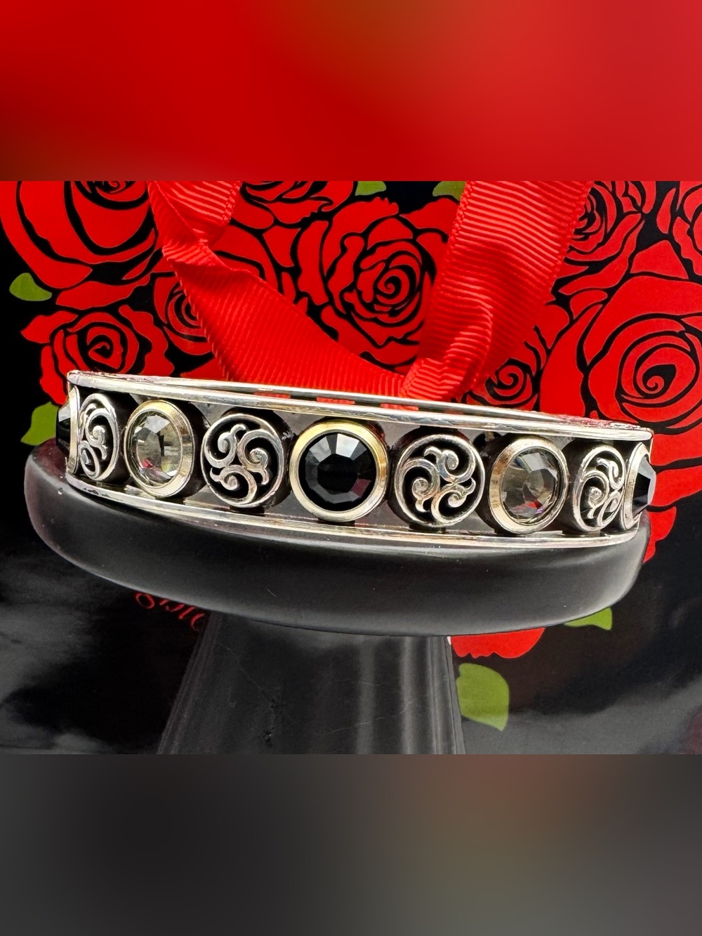Brighton Ornate Bangle Bracelet with Black and Smoky Grey Crystal Accents